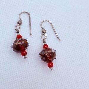 Vintage Red Lampwork Glass Bead Dangle Earrings Sterling Silver Hook 1.5”